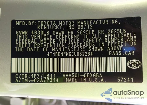 2012 Toyota Camry Hybrid Xle из США, поврежденный, VIN 4T1BD1FK6CU052284